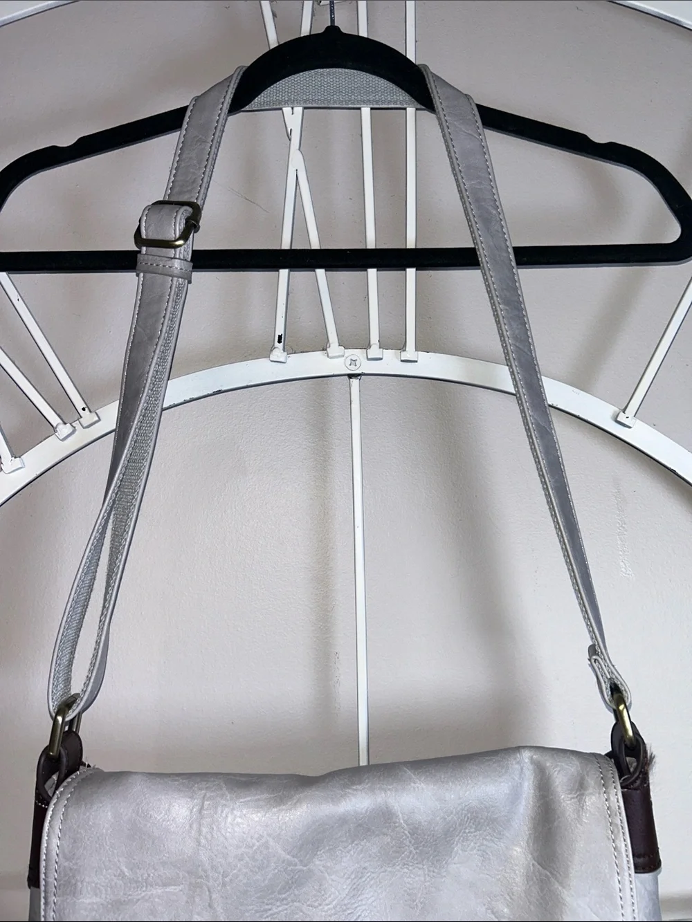 Gray Vegan Leather Crossbody Messenger Bag with Dark Brown Straps